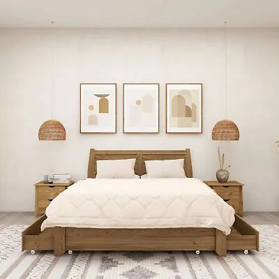 $526 • Buy Mica Natural Light Oak Wooden Bed Frame With Storage Drawers