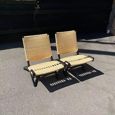 1960's Midcentury Modern Danish Black Lacquer Cane Pair Of Folding Lounge Chairs • $1650