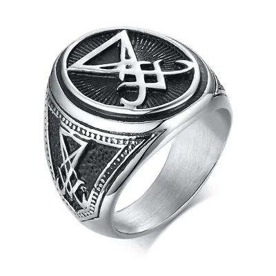 Mens Stainless Steel Ring Sigil Of Lucifer Devil Seal Of Satan Ring Band Jewelry • £7.79