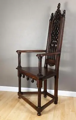 Antique French Gothic Revival Oak Wood Hall Bench/Chair/Throne Chair • $1575