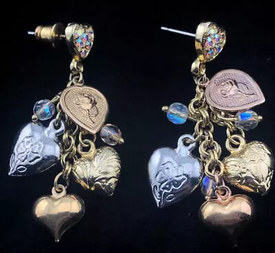 Vintage Kirks Folly Shower Of HEARTS Dangle Earrings~AB Crystals~Puffed/Etched • $18