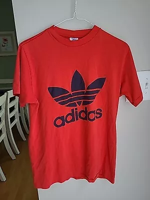 Vintage 80s ADIDAS T Shirt Trefoil Size Medium 50/50 USA Made Spellout Single • $68