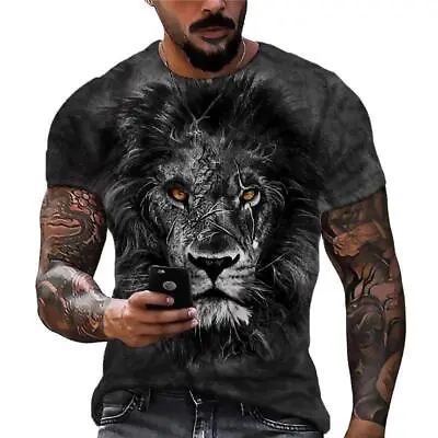 Men T Shirt Black Lion Gaze Fashion Graphic Short Sleeve Tee T-Shirt Classic Fit • $9.99