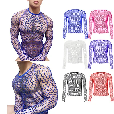 Mens See Through Long Sleeve Mesh T-Shirts Stretch Fishnet Shirt For Muscle Top • $6.50