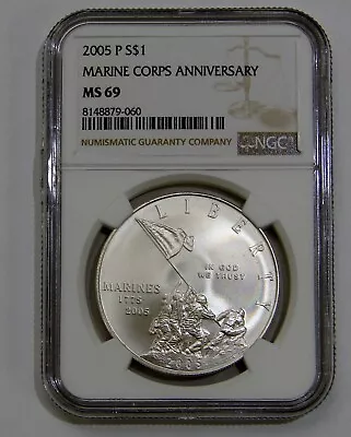 2005 P Marine Corps Commemorative Silver Dollar - NGC MS 69 • $9.95