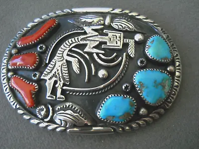 Native American Navajo Turquoise Coral Sterling Silver Rainbow Man Belt Buckle • $285