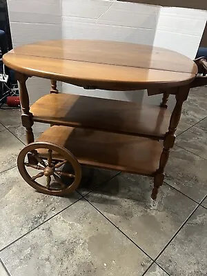 Vintage Colonial Maple Wood Drop Leaf Rolling Bar Cart Tea Trolley Kitchen Table • $449.99