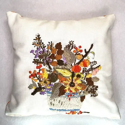 Vintage Embroidered Small Pillow Flowers 8” X 8” X 3” Mid Century Cottage Core • $22.99