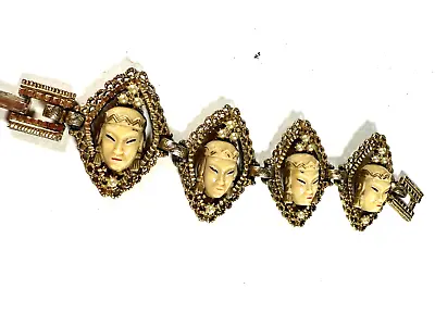 Vintage Bracelet Estate Asian Princess  Face Glass Panel 7 Inches Wide Chunky • $70