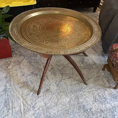 Vintage 30” Moroccan Brass Tray Spider Leg Coffee Table Mid Century Modern • $249.50