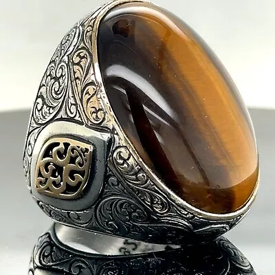 Silver Tiger Eye Ring  Large Turkish Handmade Ring  Ottoman Mens Ring • $185