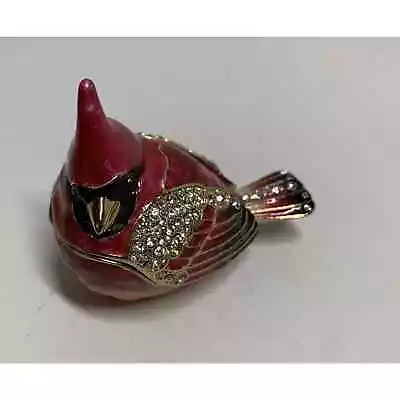 Cardinal Bird Enamel Hinged Lid Bejeweled Trinket Box Magnetic Close Crystals • $25