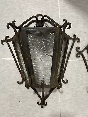 Vintage 1920's Glass Wrought Iron Glass Lantern Sconce Mission Revival Clear • $250