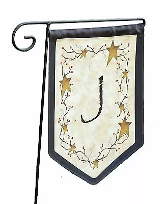 Garden Flag J Monogram Primitive Country Berry Vine Star Black NO STAND 13 X 18  • $12.75