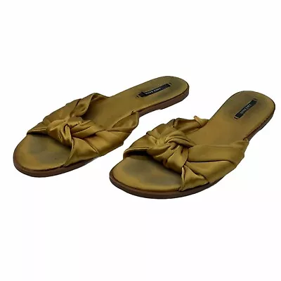 Zara Basic Flats Sandals Women Size 8 EU 39 Gold Satin Knot Bow Elevated Chic • £19.28