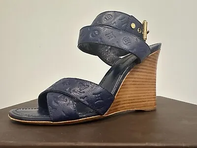 Louis Vuitton Kalahari Wedge Ankle Strappy Sandals Sz 37 Blue • $400