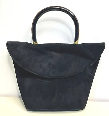 Vtg 80's Charles Jourdan Black Suede&brass/wood Handle Mini Tote Bag Purse • $49.99