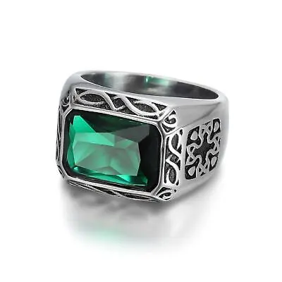 Cool Fashion 316L Stainless Steel Vintage Silver Ring Green Stone Rings For Men • $7.99