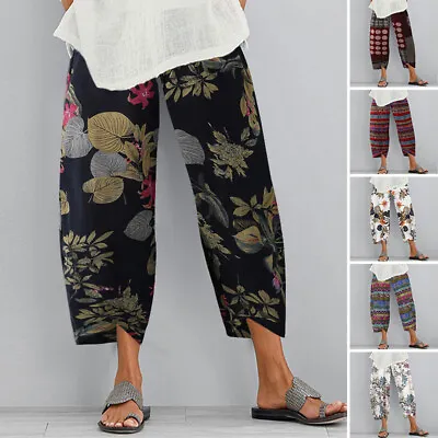 ZANZEA Women Wide Leg Chino Pants Plus Size Capri Pure Cotton Floral Trousers AU • $24.69