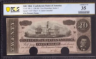 1864 $20 Confederate States Of America Note T-67 Pf-3 Cancelled Pcgs B Ch Vf 35 • $74.99