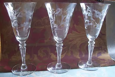 6 Vintage Wheel Cut Crystal Stemware ~ Floral Leaves Pattern ~ 8 Inch • $40