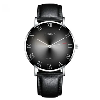 Men's Roman Numerals Watch Faux Leather Band Analogue Quart Business Wristwatch • £9.99