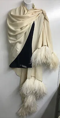 Ostrich Feather Trim Wrap Long Cashmere And Silk • $450