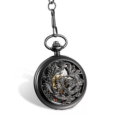 Unique Phoenix And Dragon Skeleton Hand Winding Mechanical Pocket Watch Pendant • $15.99