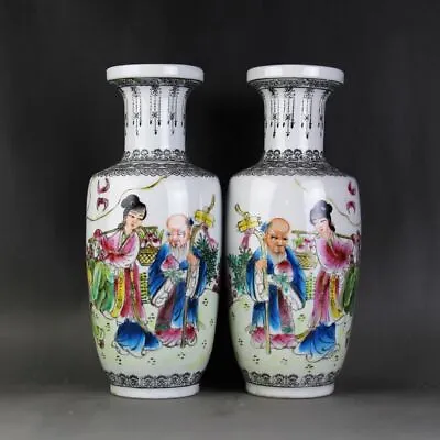 (A Pair) Qing Dynasty Jurentang Hand-painted Character Longevous Ceramic Vases • $160.39