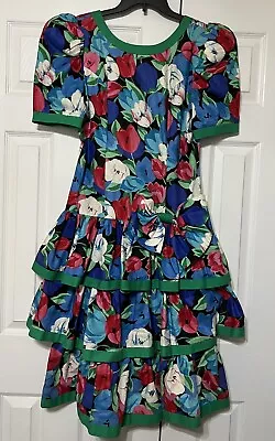 Leslie Lucks Dress Size 10 Womens Vintage Floral Drop Waist Midi Bow 1980s • $26