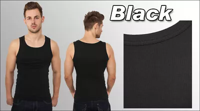 3 Pack Mens Sleeveless Vests 100% Cotton Double Ribbed Stretch Regular Fit Black • £12.97