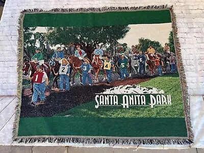 Santa Anita Park Horse Racing Racetrack Jockeys Fringe Throw Blanket Rare 60x50  • $100