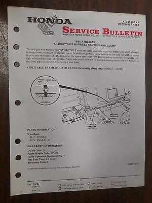 Vintage Honda Factory Service Bulletin Taillight Wire 1985 ATC250ES 8275-8412 • $8.99