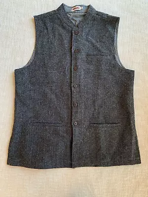 Fabindia Mens Sz L Wool Vest Herringbone Gray Tunic Nehru Collar Front Pockets • $49.99