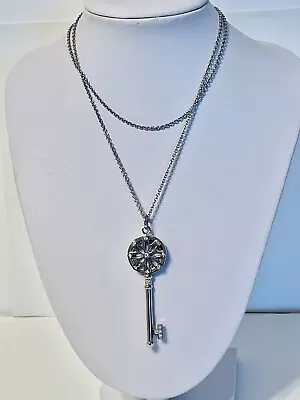 Nadri Stainless Steel 2.5” Key Pendant 28” Long Chain Necklace Clear Rhinestones • $29.99