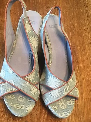New UGG Australia Hazel Blue Denim Logo Women Open Toe Wedge Shoes Sandals 8.5 • $34.99