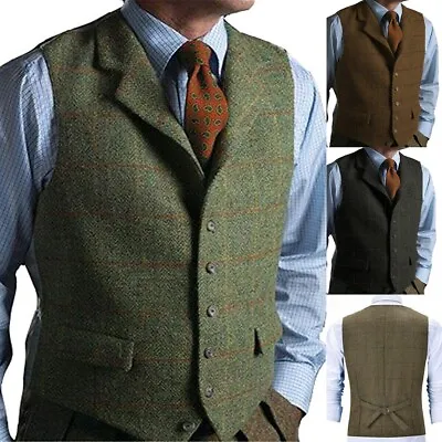 Mens Tweed Vest Green Windowpane Plaid Herringbone Vintage Vest Large XL 2XL 3XL • $25.19