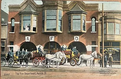 Aurora Illinois Fire Department Horse Drawn Wagons Firemen VTG Postcard 1907 • $15.96