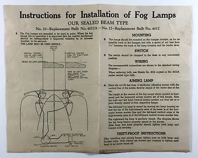 Vintage Automobile Car Fog Lamp Installation Instructions Nos 10 12 4012A 4012 • $7