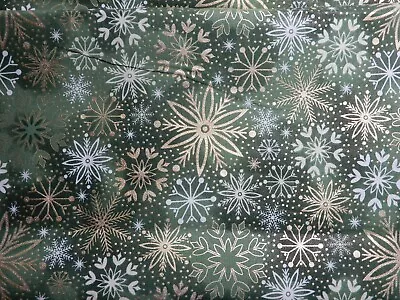 Green Snowflake Gold Metallic Cotton Christmas Holiday Fabric By The Yard • $7