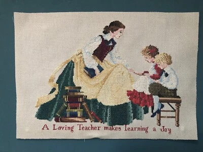 Vintage Finished  Victorian Teacher & Pupils  Worded Fine Cross Stitch Panel. • £9.99