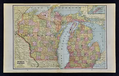 1891 Cram Map - Michigan Wisconsin Lansing Detroit Madison Milwaukee Kalamazoo • $19.99