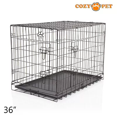 Dog Cage 36 Inch Puppy Crate L Cozy Pet Black Dog Crates Folding Metal Cages • £36.99