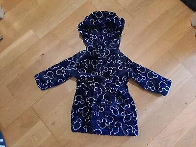 Boys MICKY Mouse Navy Bath Robe Size 0-3 Months Cute Hood With Ears • £2