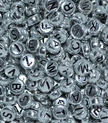 100 X Silver Colour 7mm Flat Round Mixed & Single Letter Alphabet Acrylic Beads • £2.09