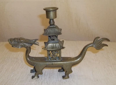 $35.99 • Buy Vintage Chinese Brass Dragon Pagoda Candle Holder (b9)