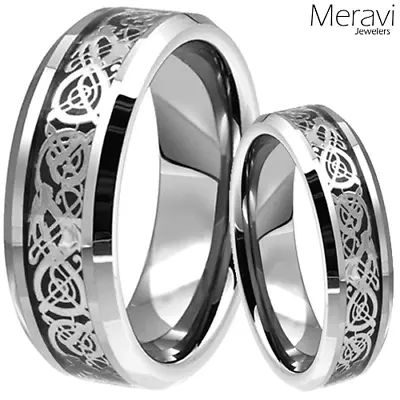 His & Her Silver Celtic Dragon Tungsten Carbide Women Ring Mens Wedding Band Set • $25.90