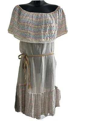 Miguelina Natural & Colour Stripe Off The Shoulder Beach Dress Size L • $68.45