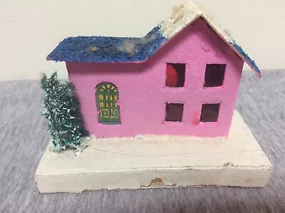 Vintage Christmas Putz Cardboard Mica Pink W/Blue Roof House Japan • $19.99