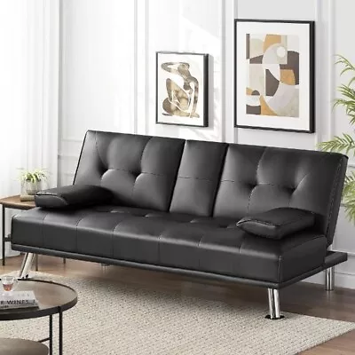 LuxuryGoods Modern Faux Leather Futon With Cupholders And Pillows Black • $120